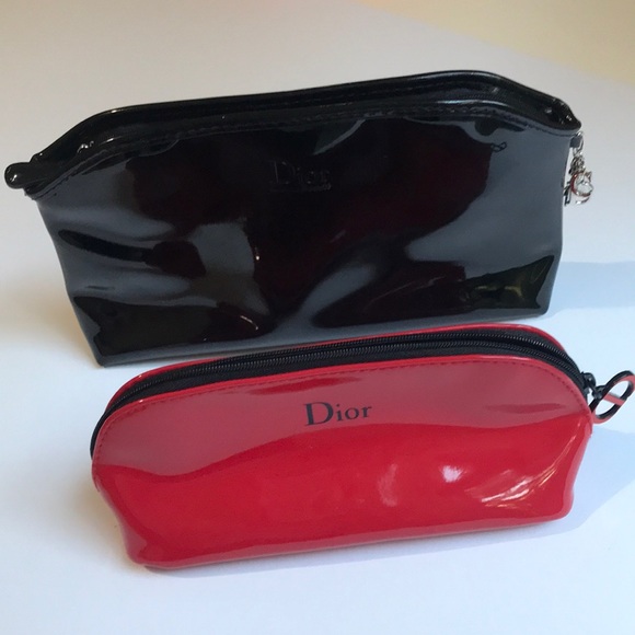 Dior Handbags - Dior Black Red Faux Patent Leather Makeup Cosmetic Pouch Bags Set of 2